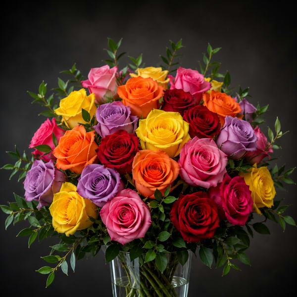 Bouquet of multicolored roses in a clear glass vase