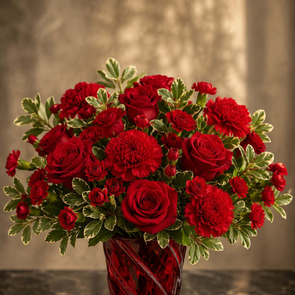 Red roses and carnations in a red glass vase