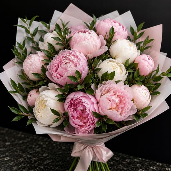 Bouquet of pink and white peonies wrapped in pale pink paper