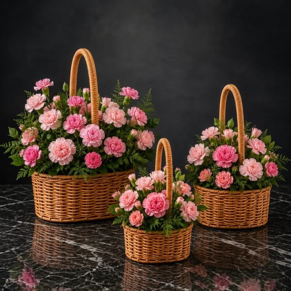 Three wicker baskets filled with pink carnations and greenery