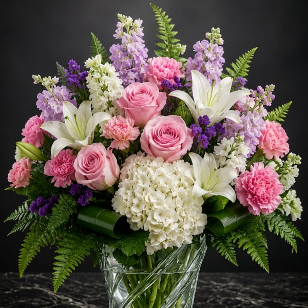 Pink roses, white lilies, and purple flowers in a clear glass vase
