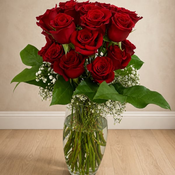 Bouquet of red roses in a clear glass vase