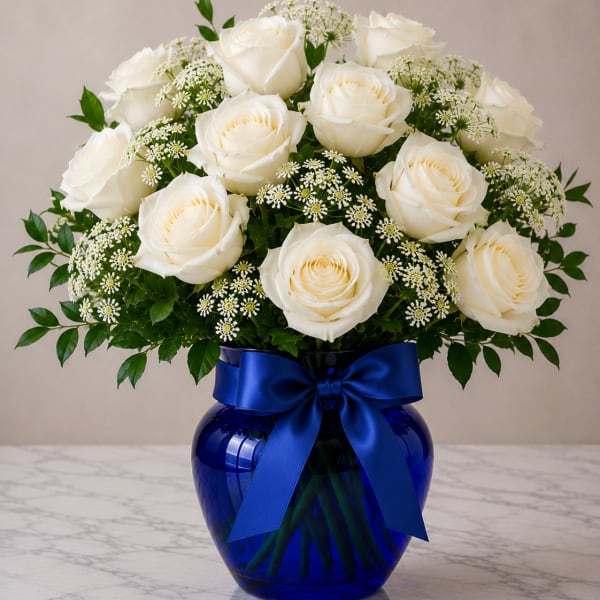 White roses arranged in a blue glass vase with a ribbon