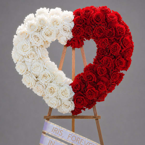 Heart-shaped rose arrangement in red and white on a wooden easel