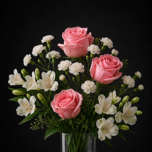 Pink roses and white flowers arranged in a clear glass vase