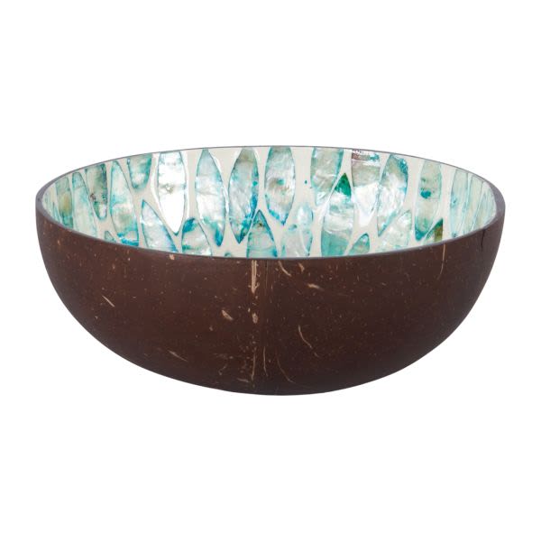 Brown bowl with a turquoise and white mosaic interior