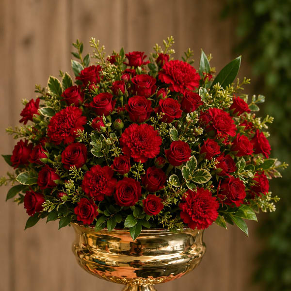 Red roses and carnations in a gold pedestal vase