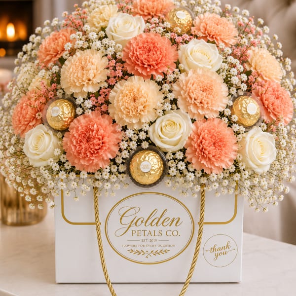 Peach and white floral arrangement in a white gift bag with gold accents