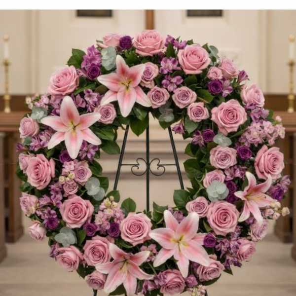 Pink and purple floral wreath on a black stand