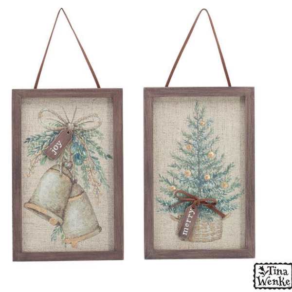 Two framed holiday wall hangings with bells and a small tree