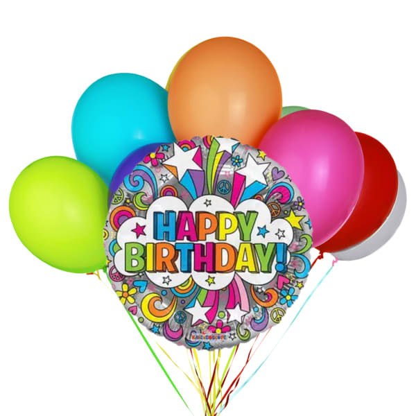 Birthday balloon bouquet with colorful latex balloons and a "Happy Birthday" foil balloon