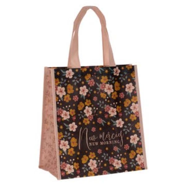 Floral-patterned tote bag with pink handles and New Mercury text