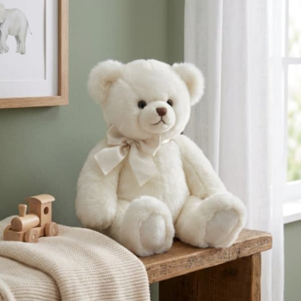 White teddy bear with a ribbon sitting on a wooden bench