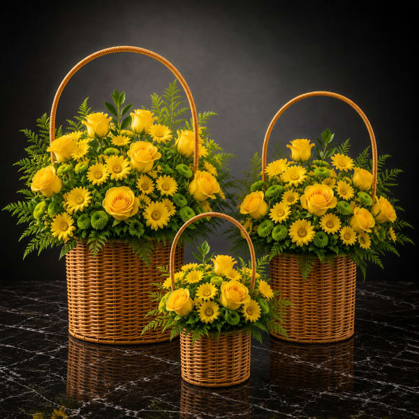 Yellow roses and daisies arranged in wicker baskets with arched handles.