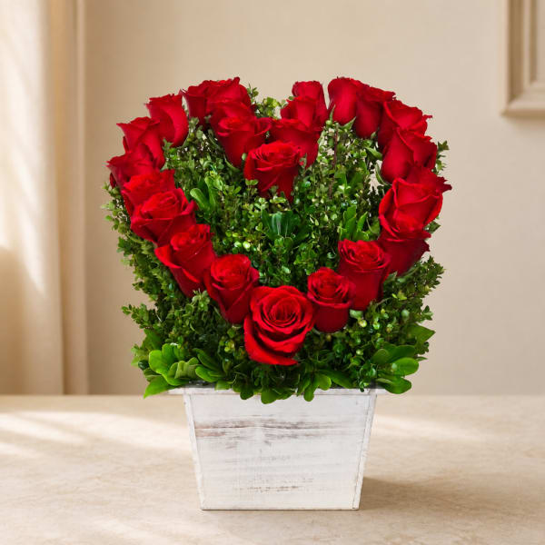 Red roses arranged in a white wooden planter