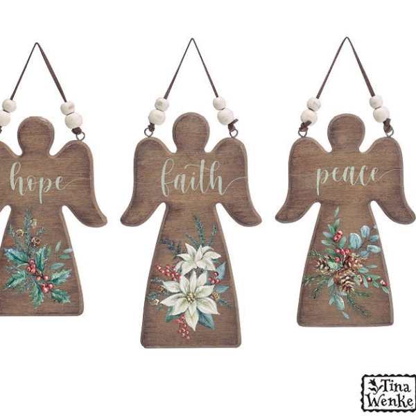 Three wooden angel ornaments labeled hope, faith, and peace