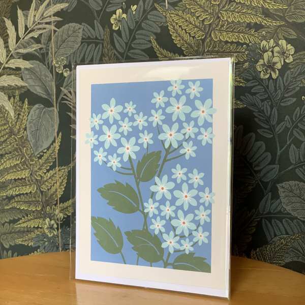 Framed floral card with pale blue flowers on a blue background