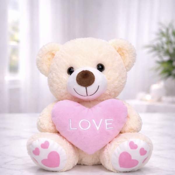 Plush teddy bear holding a pink heart with the word LOVE