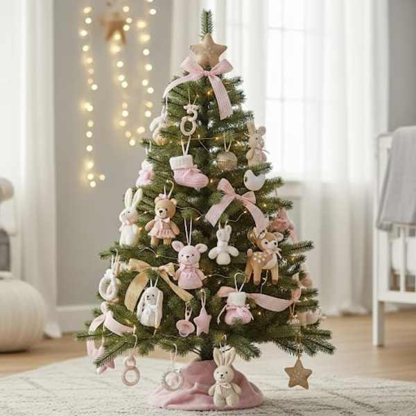Small Christmas tree decorated with pastel plush ornaments and ribbons