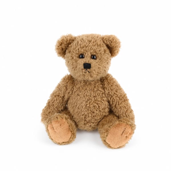 Brown teddy bear plush toy sitting on a white background