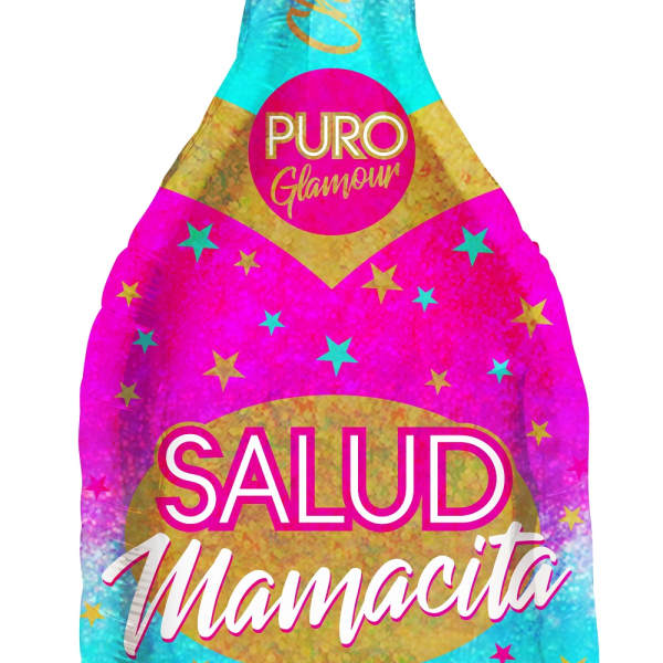 Colorful champagne-bottle-shaped foil balloon with text