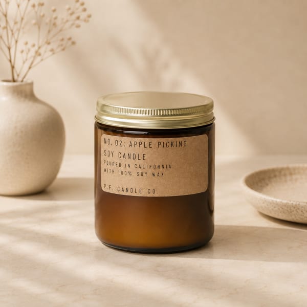 Amber jar candle with a gold lid and paper label