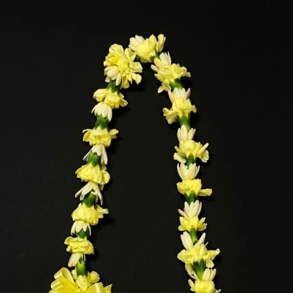 Yellow and white flower lei on a black background