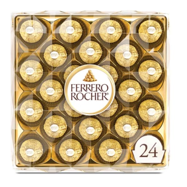 Box of Ferrero Rocher chocolates in gold wrappers