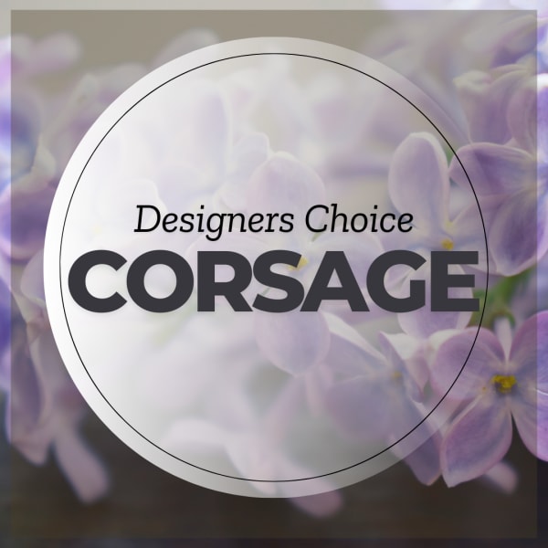 Text reading Designers Choice Corsage over a soft purple floral background