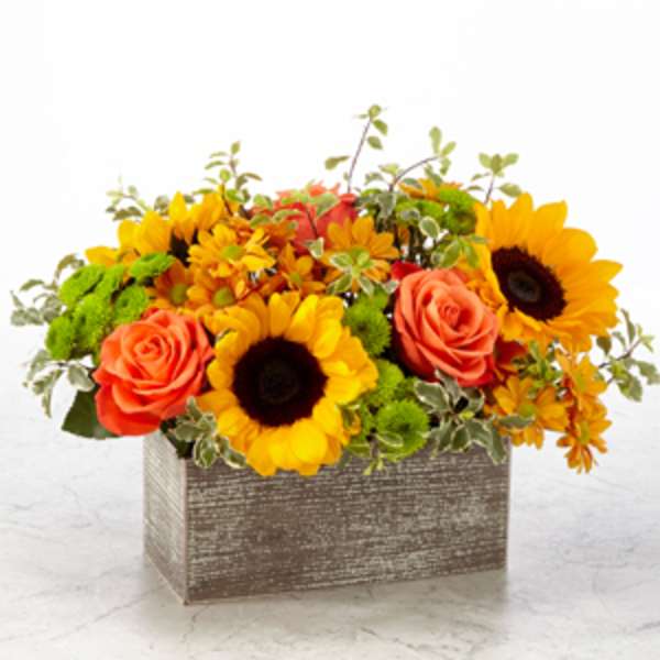 Sunflower and orange rose arrangement in a rectangular wooden box