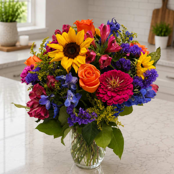 Colorful bouquet with sunflowers, roses, and mixed blooms in a clear glass vase