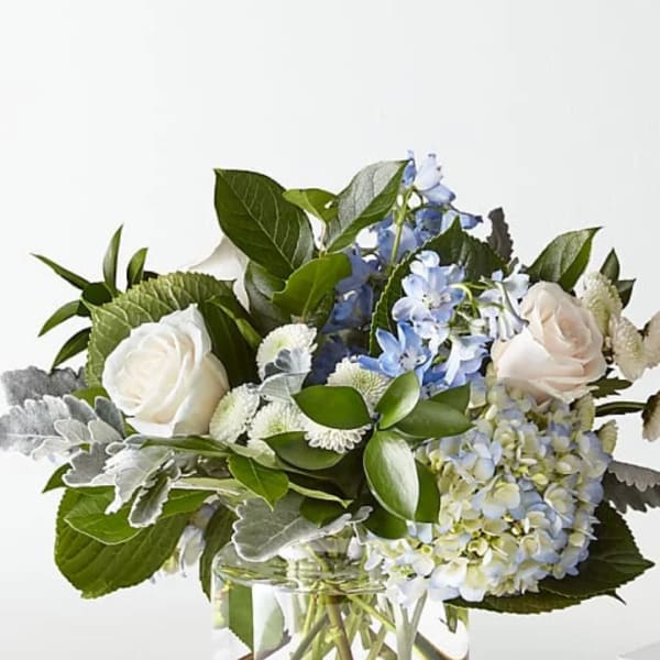 White roses and blue hydrangeas in a clear glass vase