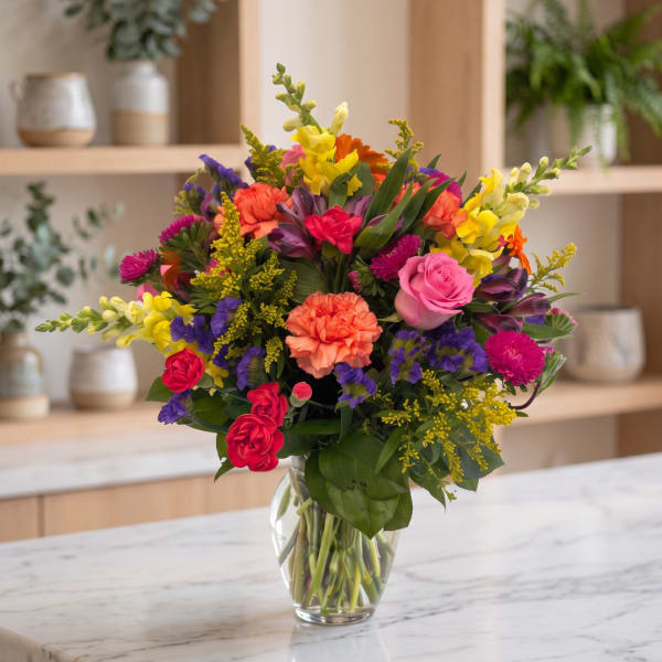 Colorful mixed bouquet in a clear glass vase