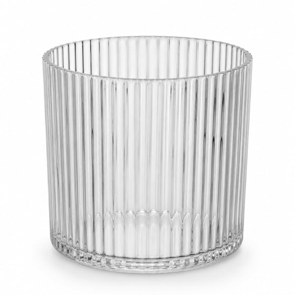 Clear ribbed glass vase on a white background
