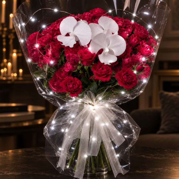 Red carnation bouquet with white orchids wrapped in clear cellophane and a white bow