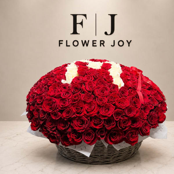 Large basket of red and white roses