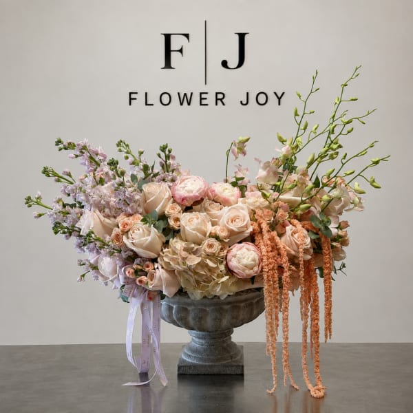 Pastel floral arrangement in a gray pedestal vase with trailing blooms