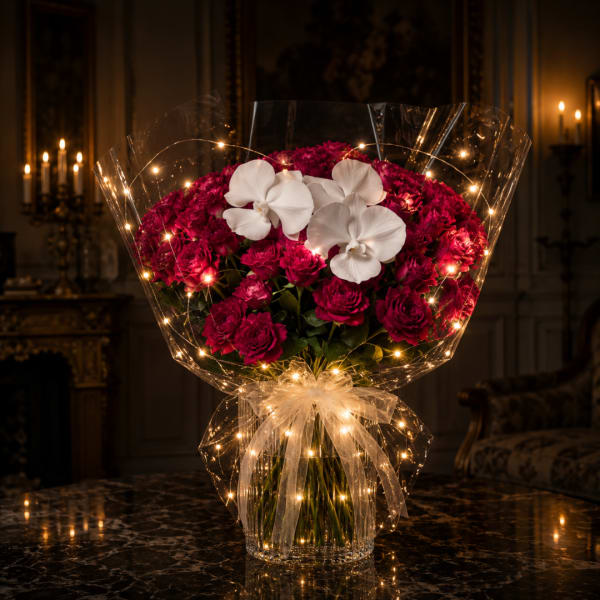 Magenta rose bouquet with white orchids in a clear vase wrapped with lights
