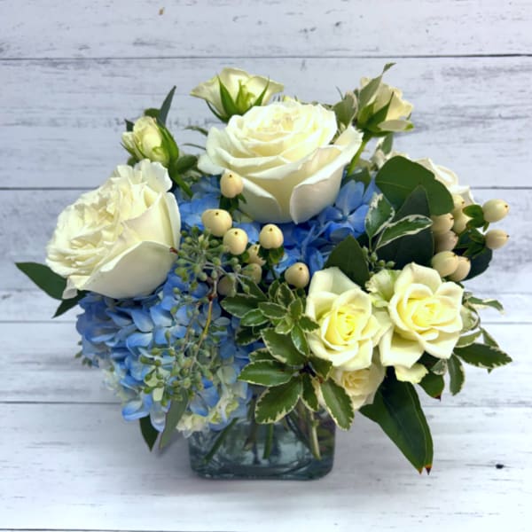 White roses and blue hydrangeas arranged in a glass vase