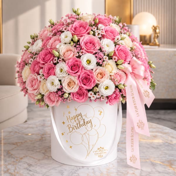 Pink and white rose bouquet in a white birthday box with a ribbon