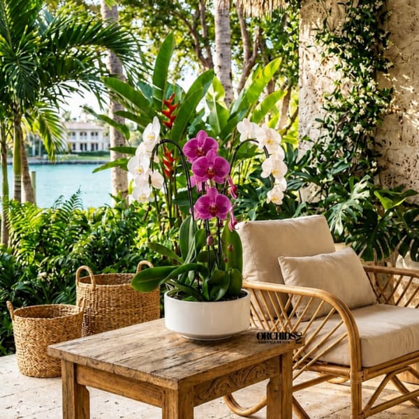 Potted orchids with purple and white blooms on a patio table