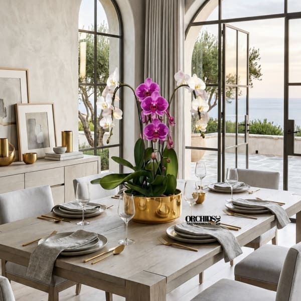 Potted orchid arrangement in a gold container on a set dining table