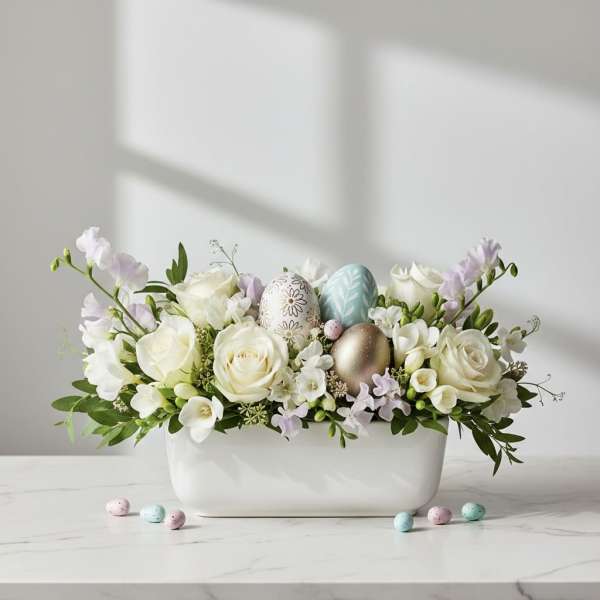 White floral arrangement with decorated Easter eggs in a white container