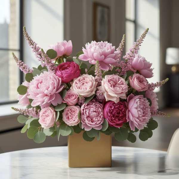 Pink peonies and roses arranged in a gold square vase