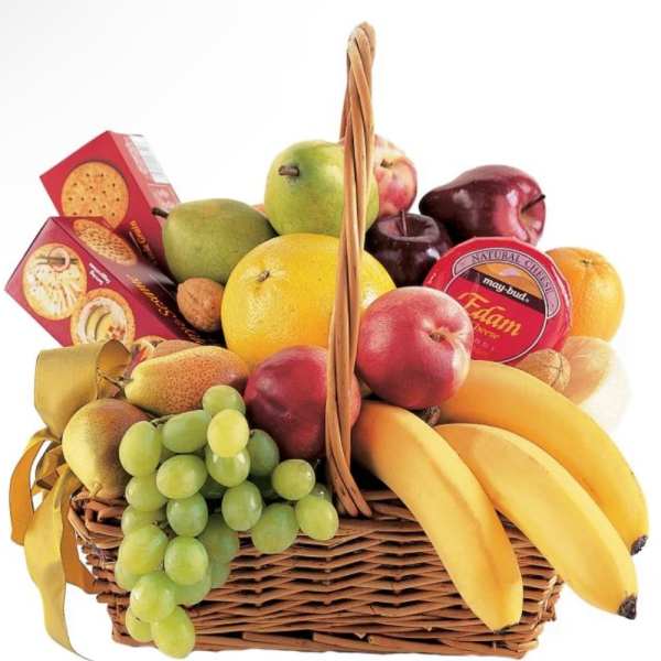 Fruit basket with bananas, grapes, pears, apples, oranges, and crackers