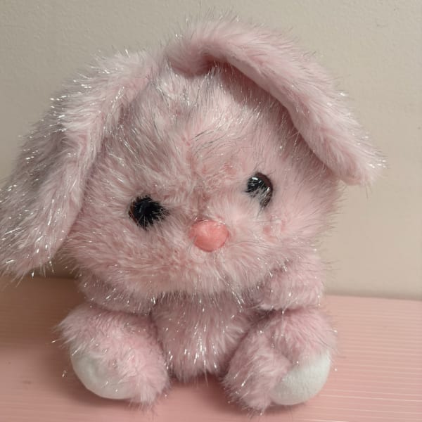 Pink plush bunny with floppy ears and black eyes