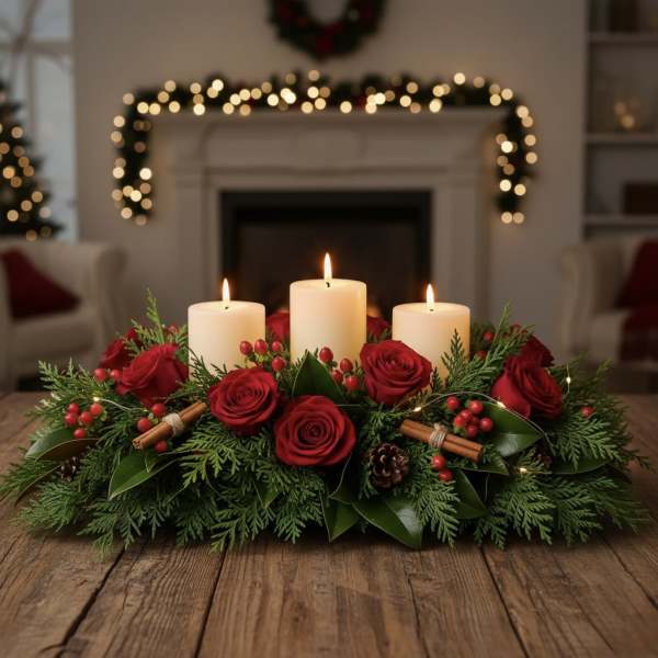 Red roses and candles arranged in a holiday centerpiece