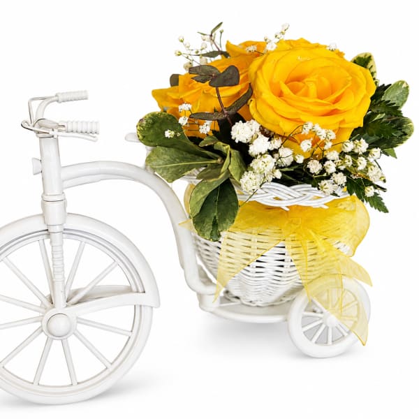 Yellow roses in a white tricycle basket with baby's breath