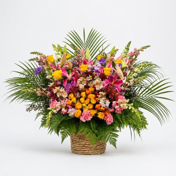 Large mixed flower arrangement in a woven basket with palm fronds