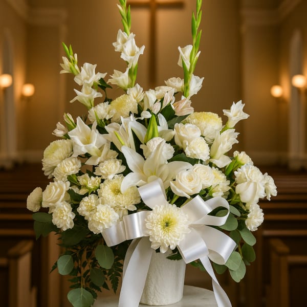 White floral arrangement with a satin ribbon in a church setting